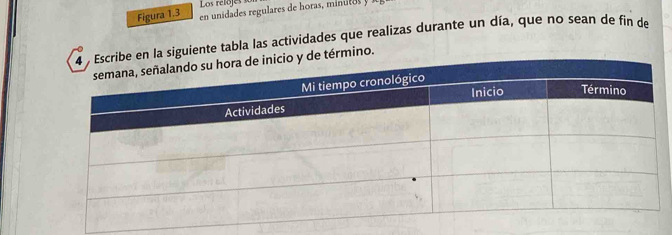 Los relojes 
Figura 1.3 en unidades regulares de horas, minuto 
n la siguiente tabla las actividades que realizas durante un día, que no sean de fin de 
término.