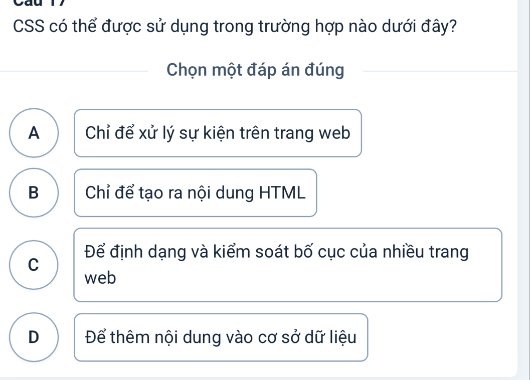 CSS có thể được sử dụng trong trường hợp nào dưới đây?
Chọn một đáp án đúng
A Chỉ để xử lý sự kiện trên trang web
B Chỉ để tạo ra nội dung HTML
Để định dạng và kiểm soát bố cục của nhiều trang
C
web
D Để thêm nội dung vào cơ sở dữ liệu