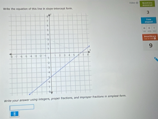 Vides ⑱ Questions 
Write the equation of this line in slope-intercept form. 
3 
Tione 
etapaed 
∞ m " 

Write your answer using integers, proper fractions, and improper fractions in simplest form. 
: