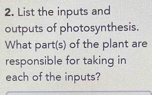 List the inputs and 
outputs of photosynthesis. 
What part(s) of the plant are 
responsible for taking in 
each of the inputs?