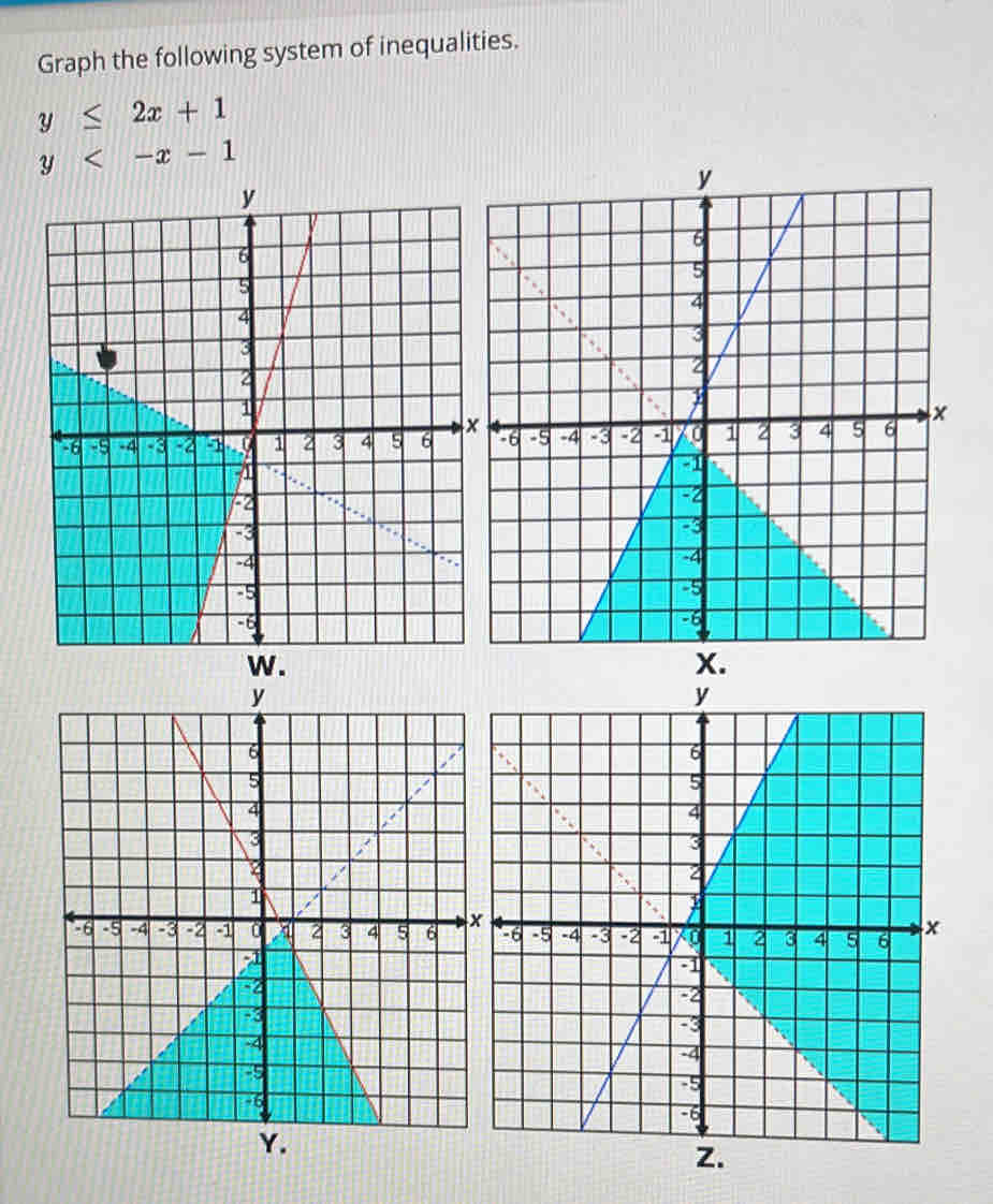 Graph the following system of inequalities.
y≤ 2x+1
y