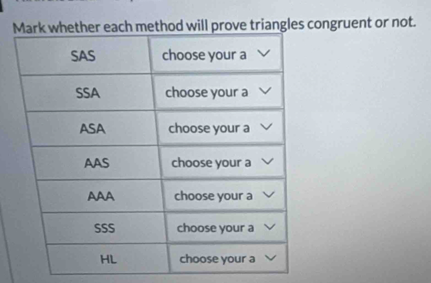 method will prove triangles congruent or not.