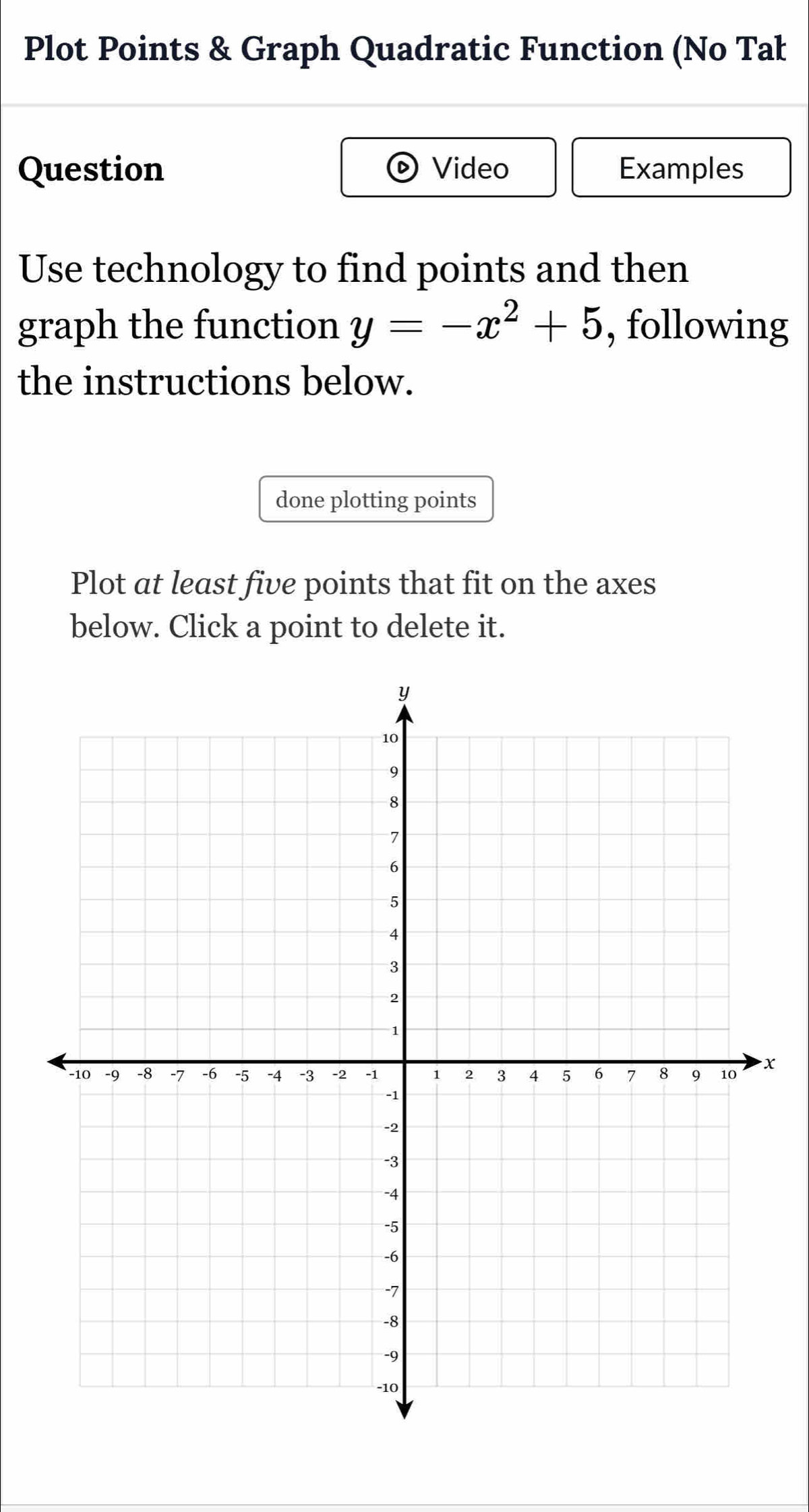 Plot Points & Graph Quadratic Function (No Tał 
Question Video Examples 
Use technology to find points and then 
graph the function y=-x^2+5 , following 
the instructions below. 
done plotting points 
Plot at least five points that fit on the axes 
below. Click a point to delete it.
x