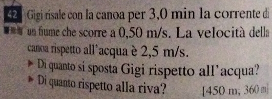 Gigi risale con la canoa per 3,0 min la corrente di 
un fiume che scorre a 0,50 m/s. La velocità della 
canoa rispetto all’acqua è 2,5 m/s. 
Di quanto si sposta Gigi rispetto all’acqua? 
Di quanto rispetto alla riva? [ 450 m; 360 m ]