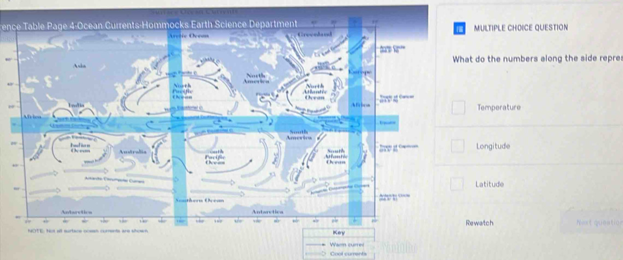 ry il 
rence Table Page 4-Ocean Currents-Hommocks Earth Science Department 
ULTIPLE CHOICE QUESTION 
80 -do the numbers along the side repre:
40°
2Temperature 
ongitude 
4 
atitude 
Rewatch 
N=xt queation 
Cool currents