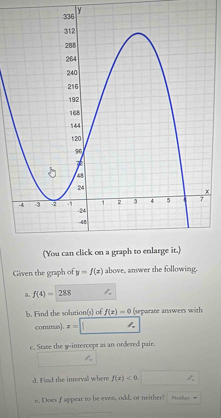 Given the graph of y=f(x) above, answer the following. 
a. f(4)=288
b. Find the solution(s) of f(x)=0 (separate answers with 
commas). x=
c. State the y-intercept as an ordered pair. 
d. Find the interval where f(x)<0</tex>. 
e. Does f appear to be even, odd, or neither? Neither =