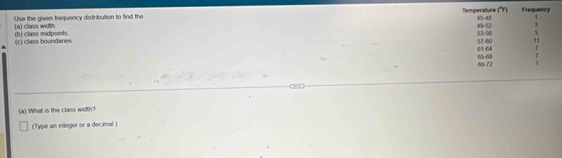 Use the given frequency distribution to find the 
(a) class width 
(b) class midpoints 
(c) class boundaries 
(a) What is the class width? 
(Type an integer or a decimal.)