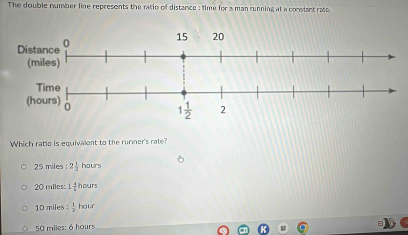 The double number line represents the ratio of distance : time for a man running at a constant rate.
Which ratio is equivalent to the runner's rate?
25 miles : 2 1/2 hours
20 miles: 1 4/5 hours
10 miles :  1/2  hour
50 miles: 6 hours