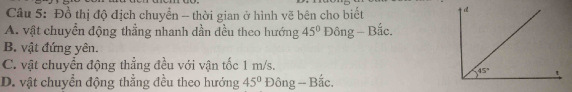 Đồ thị độ dịch chuyển - thời gian ở hình vẽ bên cho biết
A. vật chuyển động thẳng nhanh dần đều theo hướng 45° Đông - Bắc.
B. vật đứng yên.
C. vật chuyển động thẳng đều với vận tốc 1 m/s.
D. vật chuyển động thẳng đều theo hướng 45° Đông - Bắc.