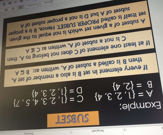 Paragraph Drawing 
SUBSET 
Example;
A= 1,2,3,4 C= 1,2,3,4,5,7
B= 2,4
D= 1,2,3,4
If every element in set B is also a member of set A, 
then B is called a subset of A, written as: B⊂eq A
If at least one element of C does not belong to A, then
C is not a subset of A, written as Cnsubseteq A
A subset of a given set which is not equal to the given 
set itself is called PROPER SUBSET. Hence, B is a proper 
subset of A but D is not a proper subset of A
Comments 
Notes