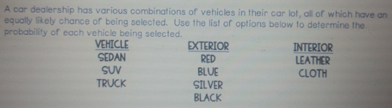 A car dealership has various combinations of vehicles in their car lot, all of which have an 
equally likely chance of being selected. Use the list of options below to determine the 
probability of each vehicle being selected. 
VEHICLE EXTERIOR INTERIOR 
SEDAN RED LEATHER 
SUV BLUE CLOTH 
TRUCK SILVER 
BLACK