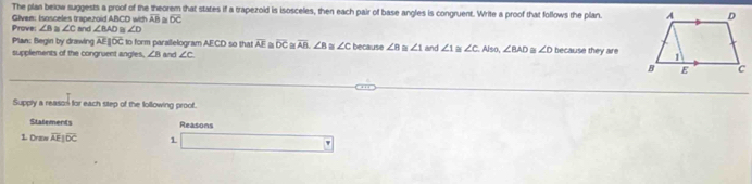 The plan below suggests a proof of the theorem that states if a trapezoid is isosceles, then each pair of base angles is congruent. Write a proof that follows the plan. 
Prove: Givem: Isosceles trapezoid ABCO with and ∠ BAD≌ ∠ D overline AB overline DC
∠ B≌ ∠ C
Plan: Begin by drawing overline AE|overline OC to form parallelogram AECD so that overline AE overline DC overline AB, ∠ B a ∠ c
supplements of the congruent angles, ∠ B and ∠ c because ∠ B ∠ 1 and ∠ 1 ∠ C.Also, ∠ BAD ∠ D because they are 
Supply a reason for each step of the following proof. 
Stalements Reasons 
1. Draw overline AE|overline OC 1