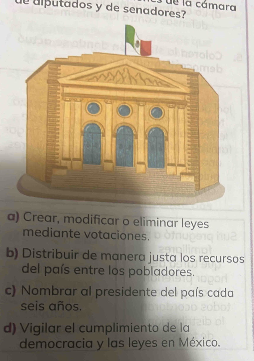 ue la cámara
de alputados y de senadores?
a) Crear, modificar o eliminar leyes
mediante votaciones.
b) Distribuir de manera justa los recursos
del país entre los pobladores.
c) Nombrar al presidente del país cada
seis años.
d) Vigilar el cumplimiento de la
democracia y las leyes en México.