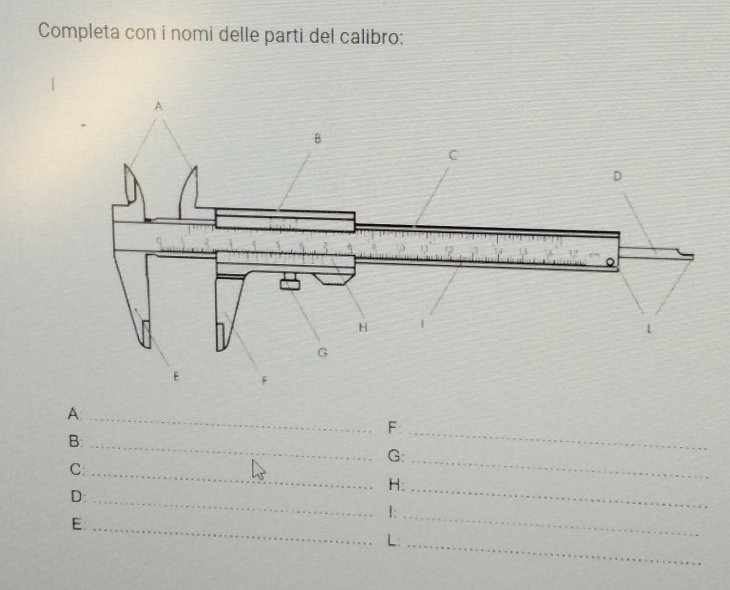 Completa con i nomi delle parti del calibro: 
A:_ 
_ 
F: 
B:_ 
G:_ 
C:_ 
H. 
D 
_ 
1:_ 
_ 
E:_ 
L:_