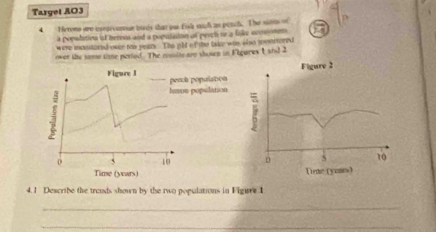 Target AO3 
4 Herons are cnraivarous birds that oat fish such as petch. The sius of 
a population af herens and a population of peich re a like conestems 
were montored over too years. The glt of the lake was also ionrtered 
over the same time peried. The resulte are shown in Flgures 1 and 2
Figøre I 
perca population 
Invon population 
0 ` 10
Time (years) 
4.1 Describe the trends shown by the two populations in Figure 1 
_ 
_