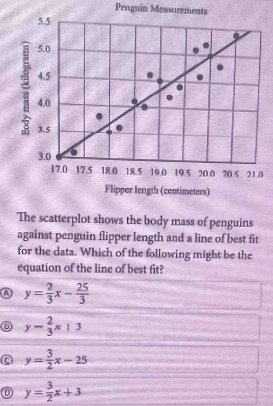 Penguin Measurements
0
The scatterplot shows the body mass of penguins
against penguin flipper length and a line of best fit
for the data. Which of the following might be the
equation of the line of best fit?
A y= 2/3 x- 25/3 
y- 2/3 x|3
y= 3/2 x-25
D y= 3/2 x+3