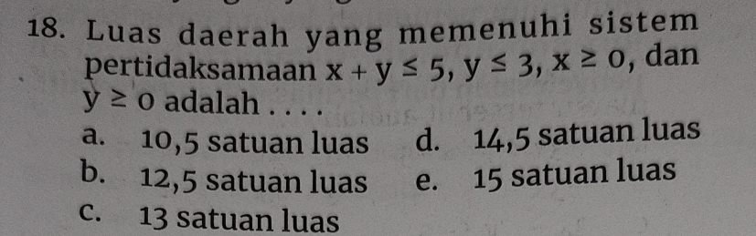 Luas daerah yang memenuhi sistem
pertidaksamaan x+y≤ 5, y≤ 3, x≥ 0 , dan
y≥ 0 adalah . . . .
a. 10,5 satuan luas d. 14,5 satuan luas
b. 12,5 satuan luas e. 15 satuan luas
c. 13 satuan luas