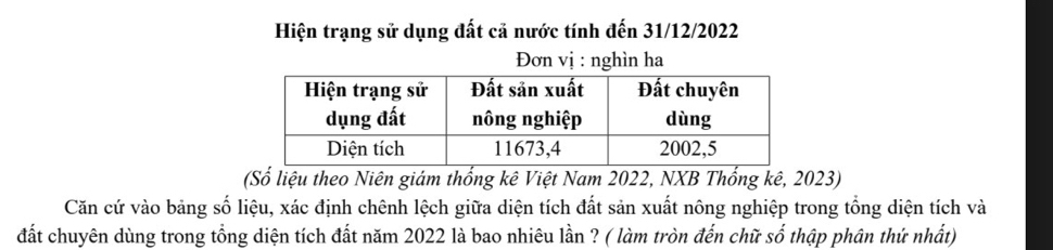 Hiện trạng sử dụng đất cả nước tính đến 31/12/2022
Đơn vị : nghìn ha 
(Số liệu theo Niên giám thống kê Việt Nam 2022, NXB Thống kê, 2023) 
Căn cứ vào bảng số liệu, xác định chênh lệch giữa diện tích đất sản xuất nông nghiệp trong tổng diện tích và 
đất chuyên dùng trong tổng diện tích đất năm 2022 là bao nhiêu lần ? ( làm tròn đến chữ số thập phân thứ nhất)