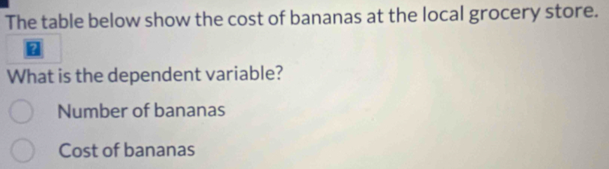 The table below show the cost of bananas at the local grocery store. 
What is the dependent variable? 
Number of bananas 
Cost of bananas