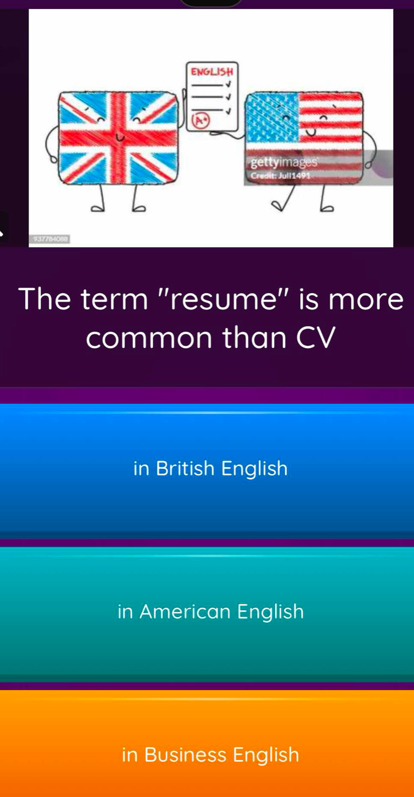 The term ''resume' is more
common than CV
in British English
in American English
in Business English