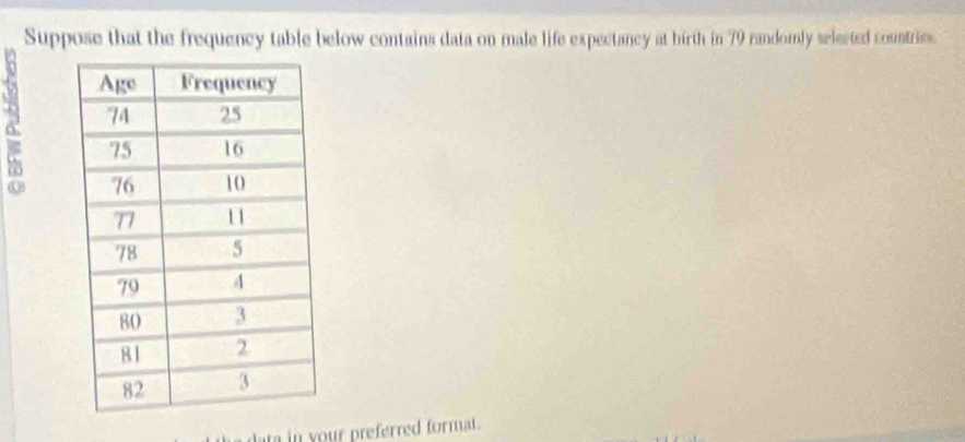 Suppose that the frequency table below contains data on male life expectancy at birth in 79 randomly selected countrie. 
6' 
data in your preferred format .