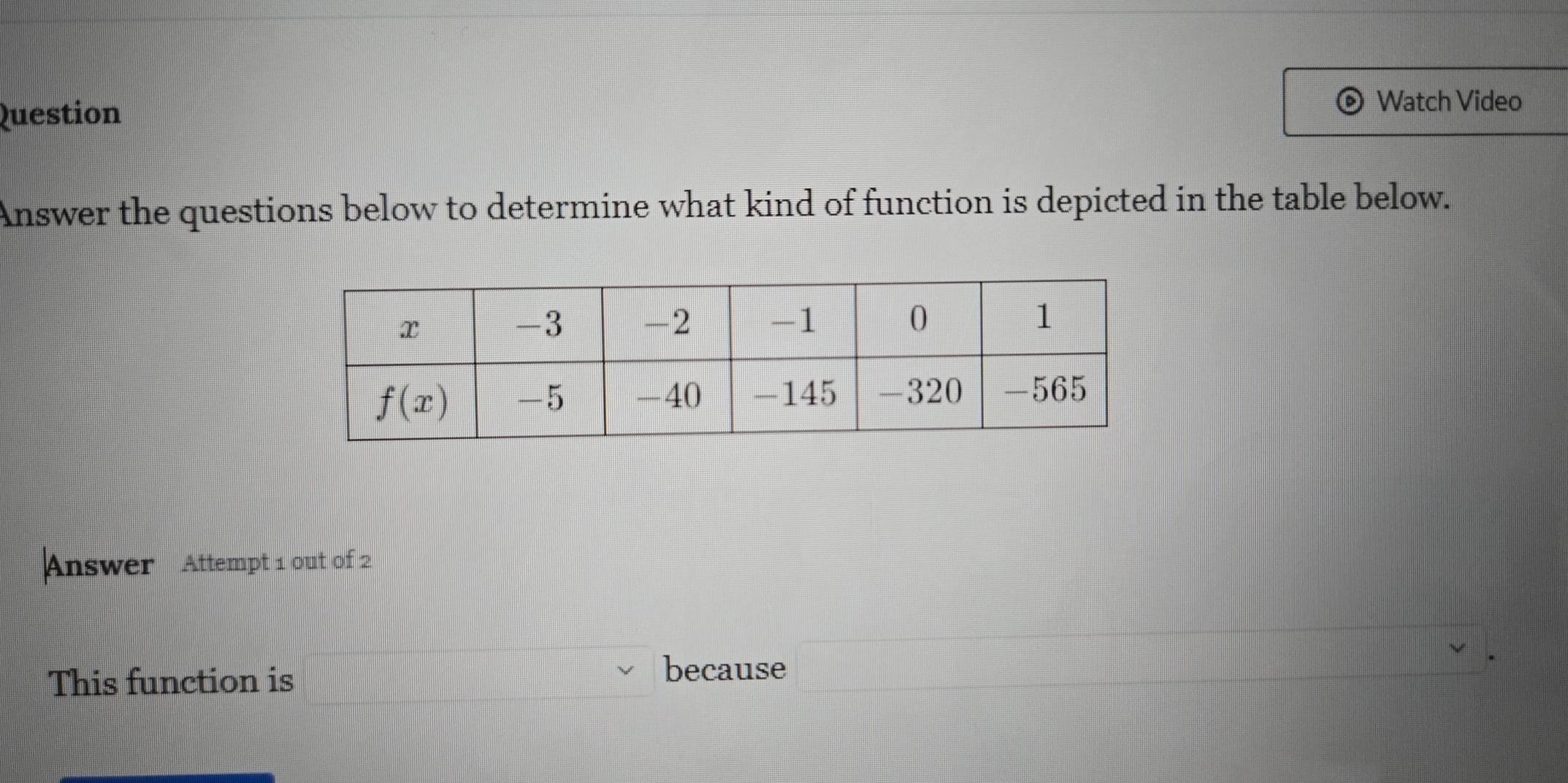 Question
Watch Video
Answer the questions below to determine what kind of function is depicted in the table below.
Answer Attempt 1 out of 2
This function is
because