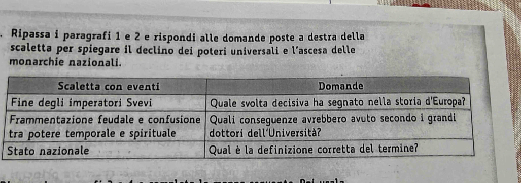 Ripassa i paragrafi 1 e 2 e rispondi alle domande poste a destra della 
scaletta per spiegare il declino dei poteri universali e l’ascesa delle 
monarchie nazionali.