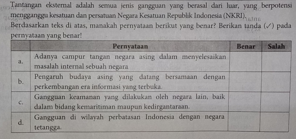 Tantangan eksternal adalah semua jenis gangguan yang berasal dari luar, yang berpotensi 
mengganggu kesatuan dan persatuan Negara Kesatuan Republik Indonesia (NKRI). α 
Berdasarkan teks di atas, manakah pernyataan berikut yang benar? Berikan tanda (✓) pada 
ernyaan yang benar!