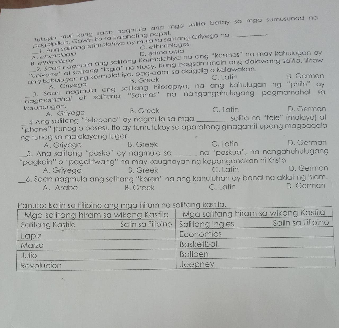 Tukuyin muli kung saan nagmula ang mga salita batay sa mga sumusunod na
pagpipilian. Gawin ito sa kalahating papel.
1. Ang salitang etimolohiya ay mula sa salitang Griyego na
.
A. etumologia C. ethimologos
B. ethimology D. etimologia
2. Saan nagmula ang salitang Kosmolohiya na ang “kosmos” na may kahulugan ay
'universe" at salitang “logia' na study. Kung pagsamahain ang dalawang salita, lilitaw
ang kahulugan ng kosmolohiya, pag-aaral sa daigdig o kalawakan.
A. Griyego B. Greek
C. Latin D. German
3. Saan nagmula ang salitang Pilosopiya, na ang kahulugan ng “philo” ay
pagmamahal at salitang “Sophos” na nangangahulugang pagmamahal sa
karunungan. C. Latin D. German
A. Griyego
B. Greek
4 Ang salitang “telepono' ay nagmula sa mga _salita na “tele” (malayo) at
_''phone'' (tunog o boses). Ito ay tumutukoy sa aparatong ginagamit upang magpadala
ng tunog sa malalayong lugar.
A. Griyego B. Greek C. Latin D. German
_5. Ang salitang “pasko” ay nagmula sa _na ''paskua', na nangahuhulugang
“pagkain” o “pagdiriwang” na may kaugnayan ng kapanganakan ni Kristo.
A. Griyego B. Greek C. Latin D. German
_6. Saan nagmula ang salitang “koran” na ang kahuluhan ay banal na aklat ng Islam.
A. Arabe B. Greek C. Latin D. German