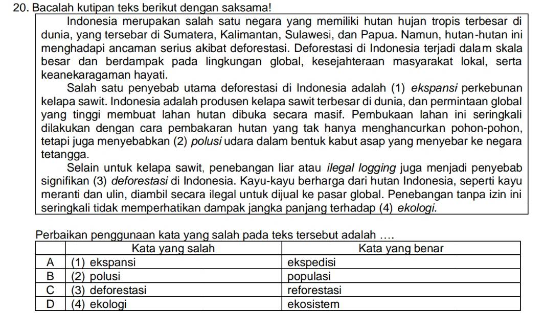 Bacalah kutipan teks berikut dengan saksama! 
Indonesia merupakan salah satu negara yang memiliki hutan hujan tropis terbesar di 
dunia, yang tersebar di Sumatera, Kalimantan, Sulawesi, dan Papua. Namun, hutan-hutan ini 
menghadapi ancaman serius akibat deforestasi. Deforestasi di Indonesia terjadi dalam skala 
besar dan berdampak pada lingkungan global, kesejahteraan masyarakat lokal, serta 
keanekaragaman hayati. 
Salah satu penyebab utama deforestasi di Indonesia adalah (1) ekspansi perkebunan 
kelapa sawit. Indonesia adalah produsen kelapa sawit terbesar di dunia, dan permintaan global 
yang tinggi membuat lahan hutan dibuka secara masif. Pembukaan lahan ini seringkali 
dilakukan dengan cara pembakaran hutan yang tak hanya menghancurkan pohon-pohon, 
tetapi juga menyebabkan (2) polusi udara dalam bentuk kabut asap yang menyebar ke negara 
tetangga. 
Selain untuk kelapa sawit, penebangan liar atau ilegal logging juga menjadi penyebab 
signifikan (3) deforestasi di Indonesia. Kayu-kayu berharga dari hutan Indonesia, seperti kayu 
meranti dan ulin, diambil secara ilegal untuk dijual ke pasar global. Penebangan tanpa izin ini 
seringkali tidak memperhatikan dampak jangka panjang terhadap (4) ekologi. 
...