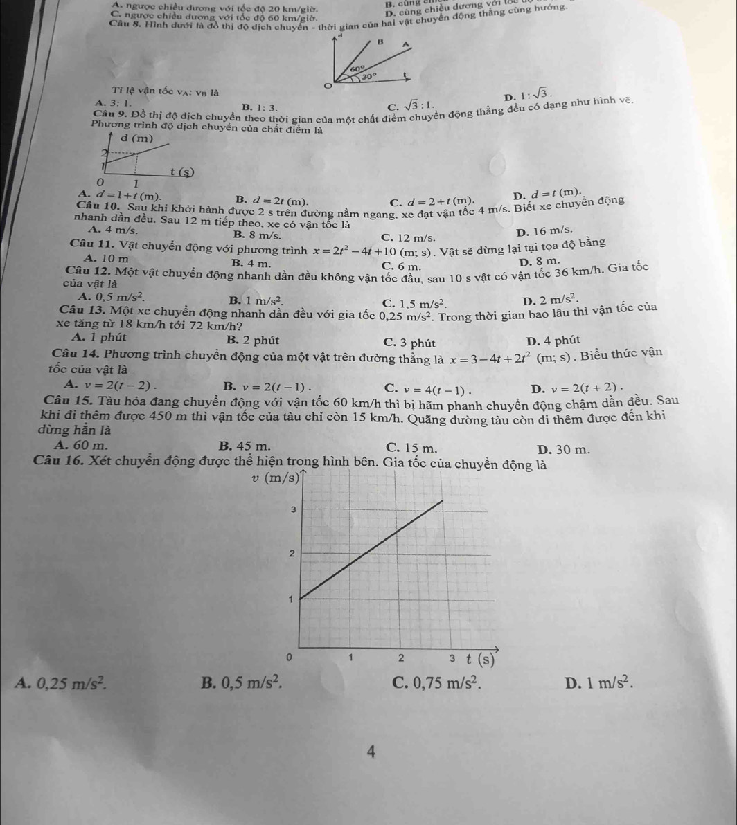 A. ngược chiều dương với tốc độ 20 km/giờ.
B. cùng cn
D. cùng chiều dương với lộc
C. ngược chiều dương với tốc độ 60 km/giờ.
Câu 8. Hình dưới là đồ thị độ dịch chuyển - thoi gian của hai vật chuyển động thẳng cùng hướng.
Ti lệ vận tốc va: vB là
A. 3:1.
B. 1:3. C. sqrt(3):1. D. 1:sqrt(3).
Câu 9. Đồ thị độ dịch chuyền theo thời gian của một chất điểm chuyền động thẳng đều có dạng như hình voverline c
Phương trình độ dịch chuyền của chất điểm là
d (m)
2
1
t(s)
0 1
A. d=1+t(m). d=t(m).
B. d=2t(m). C. d=2+t(m). D.
Câu 10. Sau khi khới hành được 2 s trên đường nằm ngang, xe đạt vận tốc 4 m/s. Biết xe chuyển động
nhanh dần đều. Sau 12 m tiếp theo, xe có vận tốc là
A. 4 m/s. B. 8 m/s. C. 12 m/s.
D. 16 m/s.
Câu 11. Vật chuyển động với phương trình x=2t^2-4t+10(m;s). Vật sẽ dừng lại tại tọa độ bằng
A. 10 m B. 4 m. C. 6 m.
D. 8 m.
Câu 12. Một vật chuyển động nhanh dần đều không vận tốc đầu, sau 10 s vật có vận tốc 36 km/h. Gia tốc
của vật là
A. 0,5m/s^2.
B. 1m/s^2. C. 1,5m/s^2.
D. 2m/s^2.
Câu 13. Một xe chuyền động nhanh dần đều với gia tốc 0 ,25m/s^2. Trong thời gian bao lâu thì vận tốc của
xe tăng từ 18 km/h tới 72 km/h?
A. 1 phút B. 2 phút C. 3 phút D. 4 phút
Câu 14. Phương trình chuyển động của một vật trên đường thẳng là x=3-4t+2t^2(m;s). Biểu thức vận
tốc của vật là
A. v=2(t-2). B. v=2(t-1). C. v=4(t-1). D. v=2(t+2).
Câu 15. Tàu hỏa đang chuyển động với vận tốc 60 km/h thì bị hãm phanh chuyển động chậm dần đều. Sau
khi đi thêm được 450 m thì vận tốc của tàu chỉ còn 15 km/h. Quãng đường tàu còn đi thêm được đến khi
dừng hằn là
A. 60 m. B. 45 m. C. 15 m. D. 30 m.
Câu 16. Xét chuyển động được thể hiện trong hình bên. Gia tốc của chuyền động là
υ (
A. 0,25m/s^2. B. 0,5m/s^2. C. 0,75m/s^2. D. 1m/s^2.
4