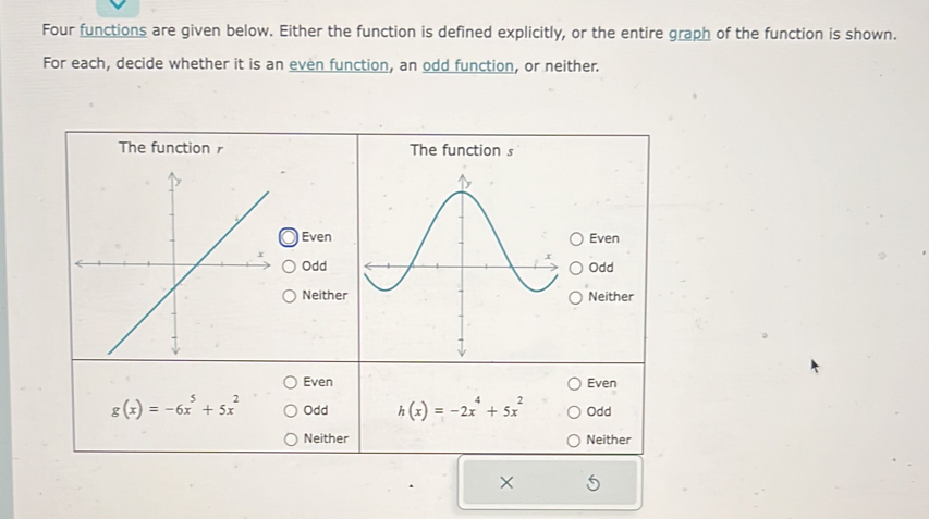 Transforming the graph of a function by reflecting over an axis _— v Matthew 
Españtol 
(a) The graph of y=f(x) is shown. Draw the graph of y=f(-x). (b) The graph of y=g(x) is shown. Draw the graph of y=-g(x). 
? 
× 5 
×