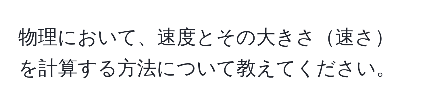 物理において、速度とその大きさ速さを計算する方法について教えてください。