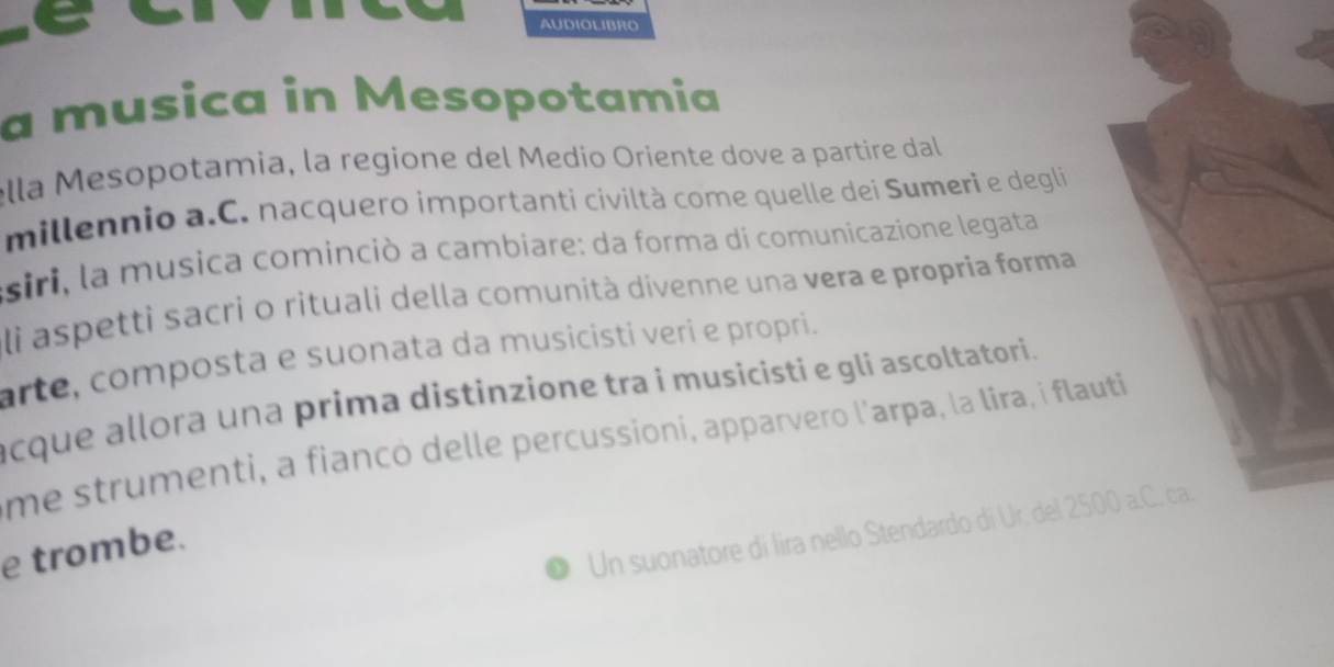 AUDIOLIBRO 
a musica in Mesopotamia 
ella Mesopotamia, la regione del Medio Oriente dove a partire dal 
millennio a.C. nacquero importanti civiltà come quelle dei Sumeri e degli 
e siri, la musica cominció a cambiare: da forma di comunicazione legata 
li aspetti sacri o rituali della comunità divenne una vera e propria forma 
arte, composta e suonata da musicisti veri e propri. 
acque allora una prima distinzione tra i musicisti e gli ascoltatori. 
me strumenti, a fiancó delle percussioni, apparvero l'arpa, la lira, i flauti 
Un suonatore di lira nello Stendardo di Ur. del 2500 a.C. ca. 
e trombe.