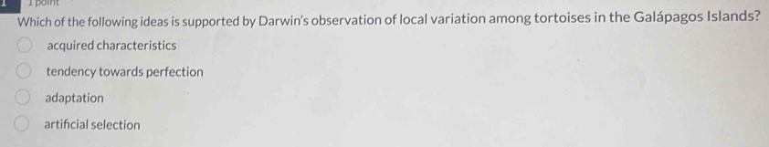 Which of the following ideas is supported by Darwin's observation of local variation among tortoises in the Galápagos Islands?
acquired characteristics
tendency towards perfection
adaptation
artifcial selection