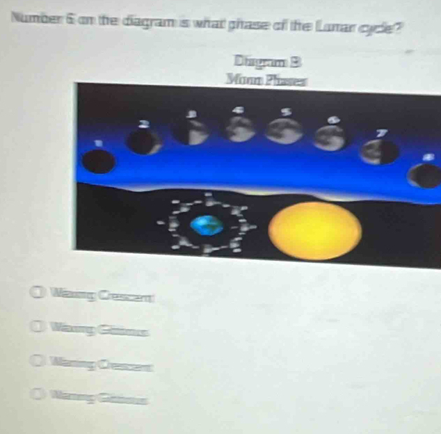 Number 6 on the diagram is what ghase of the Lumar cyce?
Dingam 3
Niaing Crescern
Wanny Cins
Waning Crescert
Naning Ganous