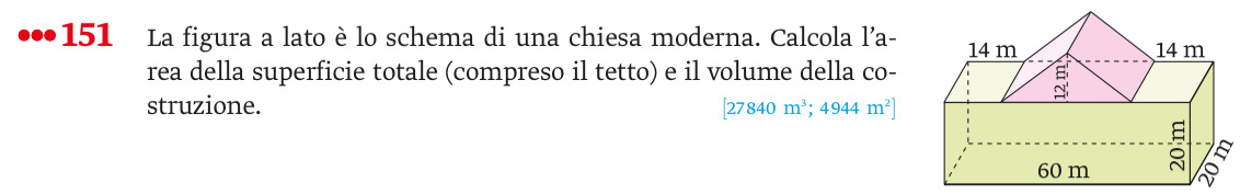 ∞151 La figura a lato è lo schema di una chiesa moderna. Calcola l’a- 
rea della superficie totale (compreso il tetto) e il volume della co- 
struzione. [27840m^3;4944m^2]