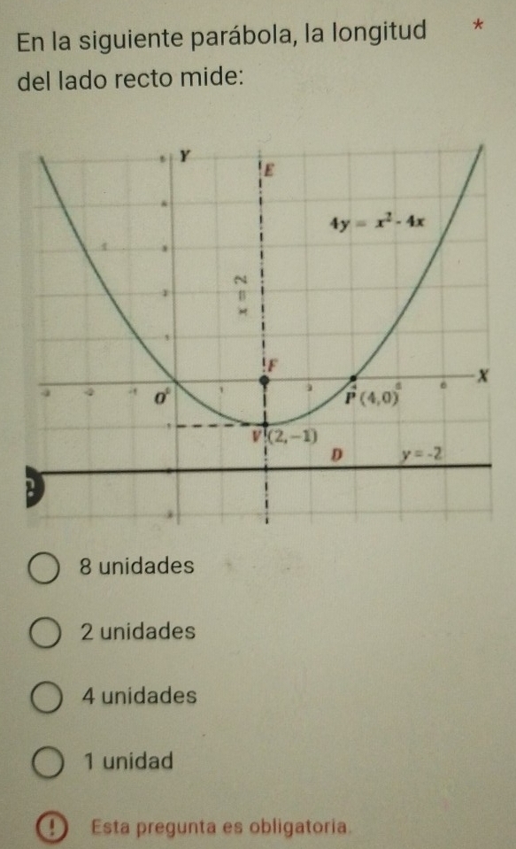 En la siguiente parábola, la longitud *
del lado recto mide:
8 unidades
2 unidades
4 unidades
1 unidad
D Esta pregunta es obligatoria.