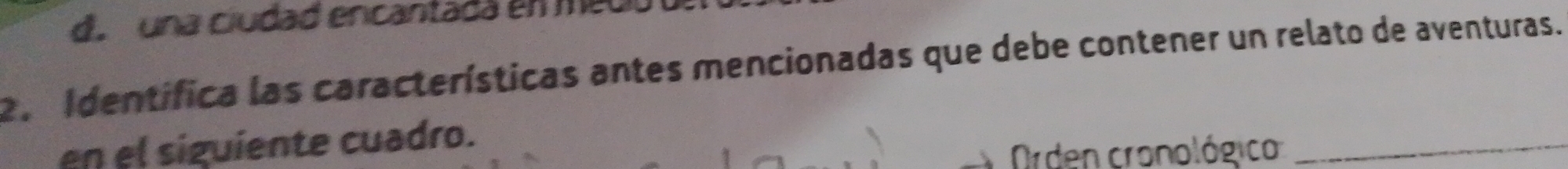 una ciudad encantada en me 
2. Identifica las características antes mencionadas que debe contener un relato de aventuras. 
en el siguiente cuadro. 
Orden cronológico_