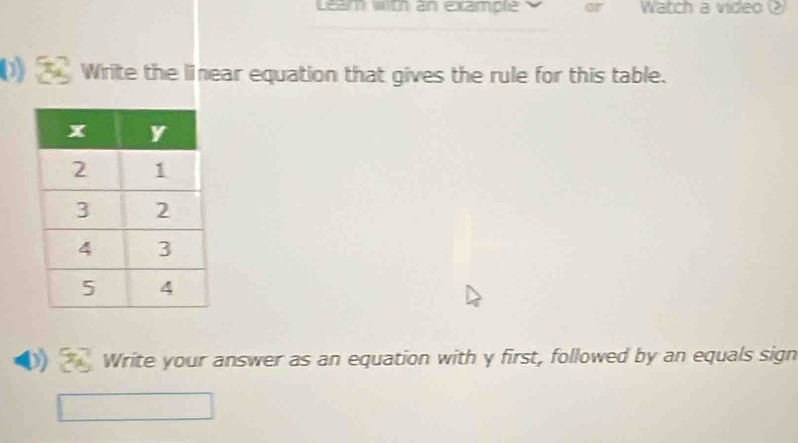 Leam with an exampre Watch a video ? 
a Write the linear equation that gives the rule for this table. 

Write your answer as an equation with y first, followed by an equals sign