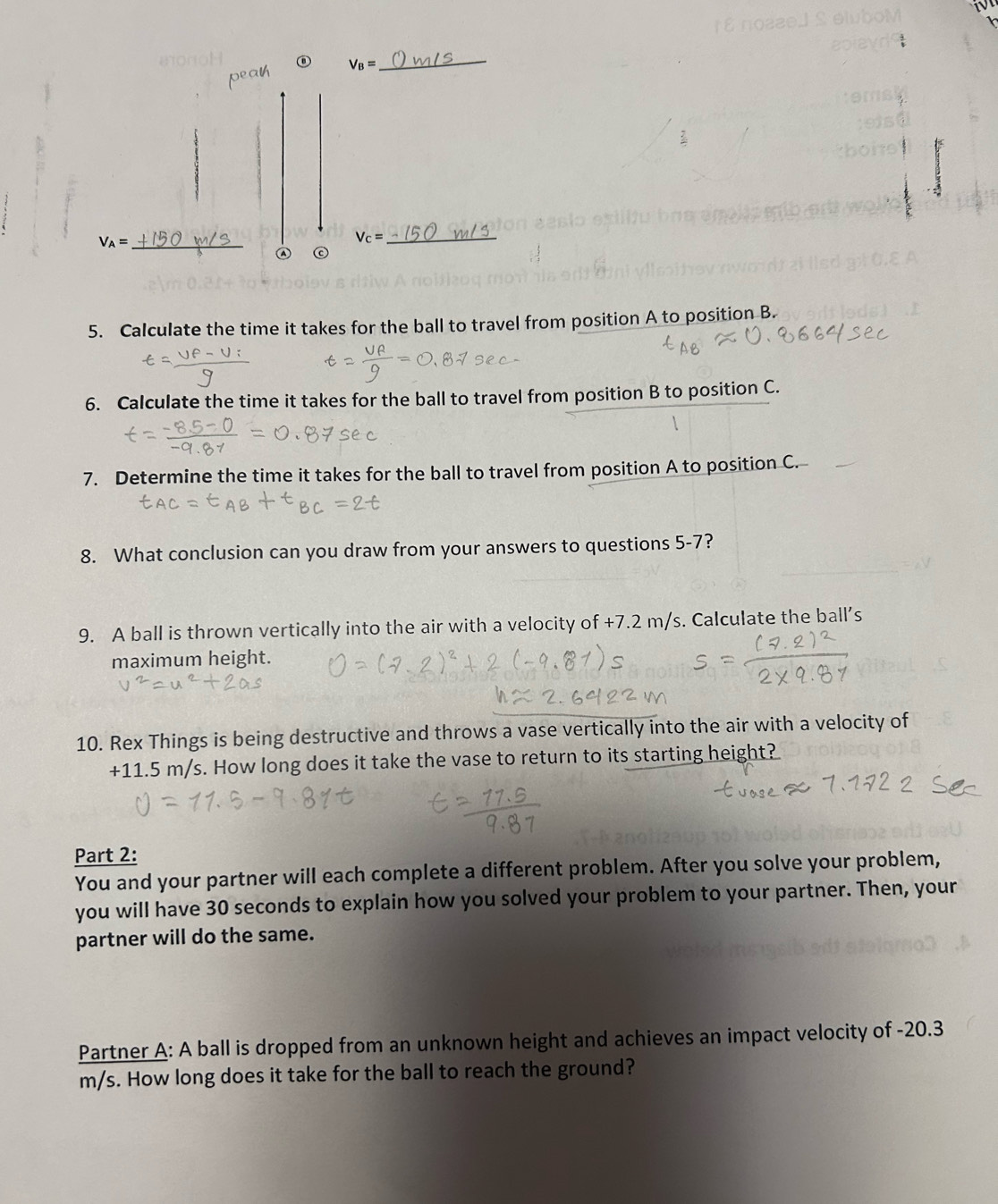 V_B=
_
V_A= _ 
_ V_c=
5. Calculate the time it takes for the ball to travel from position A to position B. 
6. Calculate the time it takes for the ball to travel from position B to position C. 
7. Determine the time it takes for the ball to travel from position A to position C. 
8. What conclusion can you draw from your answers to questions 5-7 ? 
9. A ball is thrown vertically into the air with a velocity of +7.2m/s. Calculate the ball's 
maximum height. 
10. Rex Things is being destructive and throws a vase vertically into the air with a velocity of
+11.5m/s s. How long does it take the vase to return to its starting height? 
Part 2: 
You and your partner will each complete a different problem. After you solve your problem, 
you will have 30 seconds to explain how you solved your problem to your partner. Then, your 
partner will do the same. 
Partner A: A ball is dropped from an unknown height and achieves an impact velocity of -20.3
m/s. How long does it take for the ball to reach the ground?