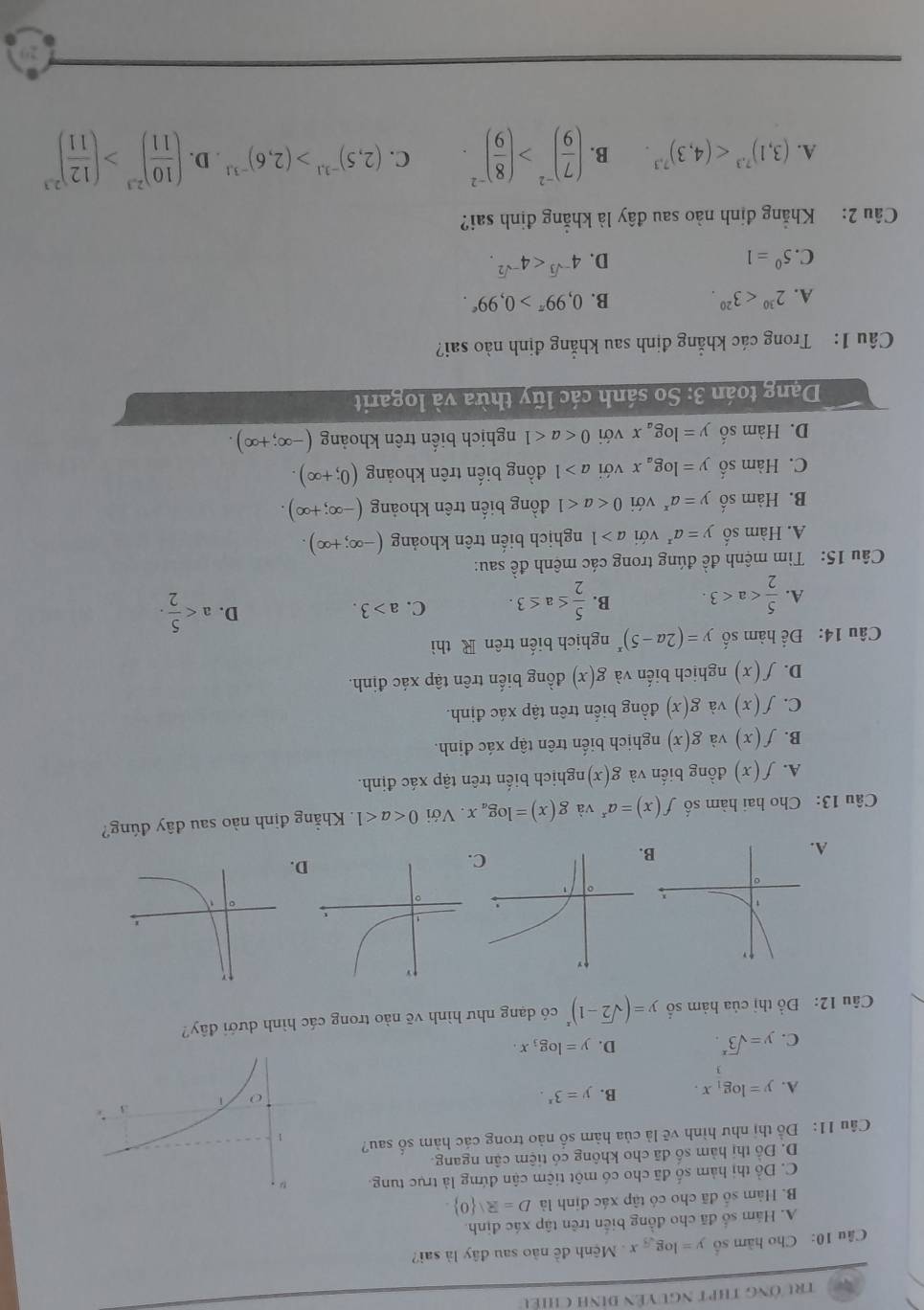 trường thPt ngUyên đinh Chiếu
Câu 10: Cho hàm số y=log _sqrt(3)x.  Mệnh đề não sau đây là sai?
A. Hám số đã cho đồng biến trên tập xác định.
B. Hàm số đã cho có tập xác định là D=R 0 .
C. Đồ thị hàm số đã cho có một tiêm cận đứng là trục tung
D. Đồ thị hàm số đã cho không có tiệm cận ngang.
Câu 11: Đồ thị như hình vẽ là của hàm số nào trong các hàm số sau?
A. y=log _1x. B. y=3^x.
C. y=sqrt 3^(x. D. y=log _3)x.
Câu 12: Đồ thị của hàm số y=(sqrt(2)-1)^x có dạng như hình vẽ nào trong các hình dưới đây?
D.
A
Câu 13: Cho hai hàm số f(x)=a^x và g(x)=log _ax. Với 0. Khẳng định nào sau đây đúng?
A. f(x) đồng biến và g(x) nghịch biến trên tập xác định.
B. f(x) và g(x) nghịch biến trên tập xác định.
C. f(x) và g(x) đồng biến trên tập xác định.
D. f(x) nghịch biến và g(x) đồng biến trên tập xác định.
Câu 14: Để hàm số y=(2a-5)^x nghịch biến trên R thì
A.  5/2  B.  5/2 ≤ a≤ 3. C. a>3.
D. a
Câu 15: Tim mệnh đề đúng trong các mệnh đề sau:
A. Hàm số y=a^x với a>1 nghịch biến trên khoảng (-∈fty ;+∈fty ).
B. Hàm số y=a^x với 0 đồng biến trên khoảng (-∈fty ;+∈fty ).
C. Hàm số y=log _ax với a>1 đồng biến trên khoảng (0;+∈fty ).
D. Hàm số y=log _a x với 0 nghịch biển trên khoảng (-∈fty ;+∈fty ).
Dạng toán 3: So sánh các lũy thừa và logarit
Câu 1: Trong các khẳng định sau khẳng định nào sai?
A. 2^(30)<3^(20). B. 0,99^(π)>0,99^e.
C. 5^0=1 D. 4^(-sqrt(3))<4^(-sqrt(2)).
Câu 2: Khẳng định nào sau đây là khẳng định sai?
A. (3,1)^7,3 B. ( 7/9 )^-2>( 8/9 )^-2. C. (2,5)^-1,1>(2,6)^-3,1 D. ( 10/11 )^2.3>( 12/11 )^2.3