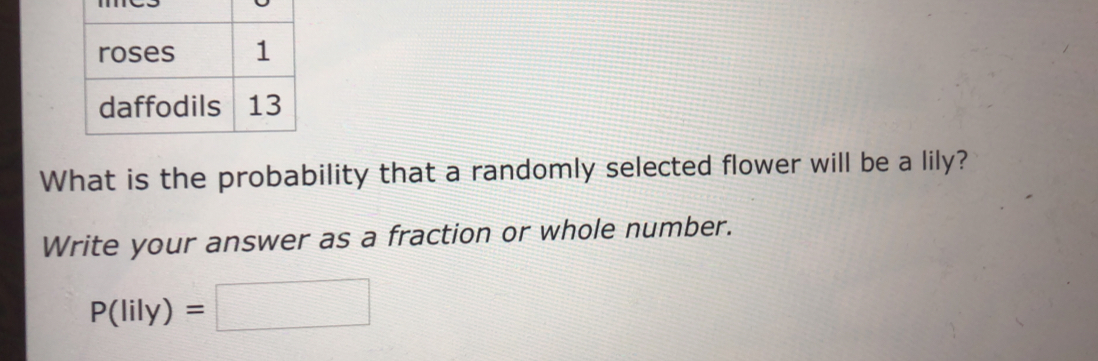 What is the probability that a randomly selected flower will be a lily? 
Write your answer as a fraction or whole number.
P(lily)=□