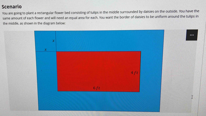 Scenario 
You are going to plant a rectangular flower bed consisting of tulips in the middle surrounded by daisies on the outside. You have the 
same amount of each flower and will need an equal area for each. You want the border of daisies to be uniform around the tulips in 
the middle, as shown in the diagram below: 
...