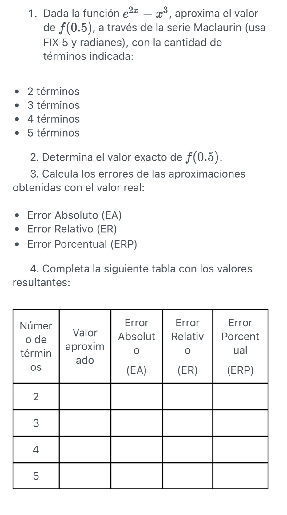 Dada la función e^(2x)-x^3 , aproxima el valor
de f(0.5) , a través de la serie Maclaurin (usa
FIX 5 y radianes), con la cantidad de
términos indicada:
2 términos
3 términos
4 términos
5 términos
2. Determina el valor exacto de f(0.5). 
3. Calcula los errores de las aproximaciones
obtenidas con el valor real:
Error Absoluto (EA)
Error Relativo (ER)
Error Porcentual (ERP)
4. Completa la siguiente tabla con los valores
resultantes: