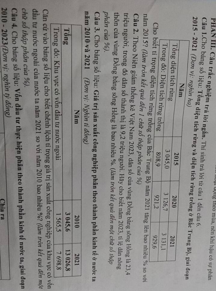 li dộng theo mùa, nên khí hậu có sự phân 
PHAN III. Câu trắc nghiệm trả lời ngắn. Thí sinh trả lời từ câu 1 đến câu 6. 
Câu 1.Cho bảng số liệu: Tổng diện tích rừng và diện tích rừng trồ 
2015 - 2021 (Đơn vị: 
Bắc Trung Bộ năm 2021 tăng lên bao nhiêu % so với 
năm 2015? (làm tròn kết quả đến 1 chữ số thập phân của %) 
Câu 2. Theo Niên giám thống kê Việt Nam 2023, dân số của vùng Đồng bằng sông Hồng là 23, 4
triệu người, trong đó dân số thành thị là 9, 2 triệu người. Hãy cho biết năm 2023, tỉ lệ dân nông 
thôn của vùng Đồng bằng sông Hồng là bao nhiêu %. (làm tròn kết quả đến một chữ số thập 
phân của %). 
Câu 3. Cho bảng số liệu: Giá trị sản xuất công nghiệp phân theo thành phần kinh tế ở nước ta 
năm 2010 và 2021 (Đơn vị: Nghìn ti đồng) 
Căn cứ vào bảng số liệu cho biết chênh lệch tỉ trọng giá trị sản xuất công nghiệp của khu vực có vốn 
đầu tư nước ngoài của nước ta năm 2021 so với năm 2010 bao nhiêu %? (làm tròn kết quả đến một 
chữ số thập phân của %). 
Câu 4. Cho bảng số liệu: Vốn đầu tư thực hiện phân theo thành phần kinh tế nước ta, giai đoạn 
2010 - 2023(Đơn vị: nghìn tỷ đồng) 
Chia ra