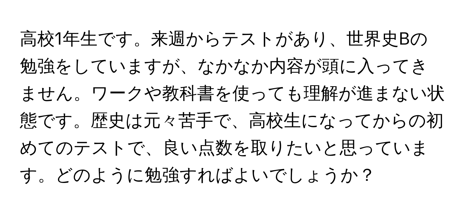 高校1年生です。来週からテストがあり、世界史Bの勉強をしていますが、なかなか内容が頭に入ってきません。ワークや教科書を使っても理解が進まない状態です。歴史は元々苦手で、高校生になってからの初めてのテストで、良い点数を取りたいと思っています。どのように勉強すればよいでしょうか？