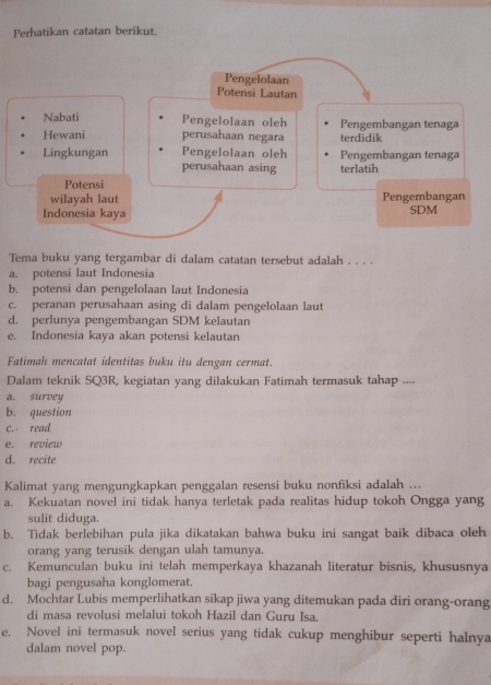 Perhatikan catatan berikut.
Pengelolaan
Potensi Lautan
Nabati Pengelolaan oleh Pengembangan tenaga
Hewani perusahaan negara terdidik
Lingkungan Pengelolaan oleh Pengembangan tenaga
perusahaan asing terlatih
Potensi
wilayah laut Pengembangan
Indonesia kaya SDM
Tema buku yang tergambar di dalam catatan tersebut adalah . . . .
a. potensi laut Indonesia
b. potensi dan pengelolaan laut Indonesia
c. peranan perusahaan asing di dalam pengelolaan laut
d. perlunya pengembangan SDM kelautan
e. Indonesia kaya akan potensi kelautan
Fatimah mencatat identitas buku itu dengan cermat.
Dalam teknik SQ3R, kegiatan yang dilakukan Fatimah termasuk tahap ....
a. survey
b. question
c.- read
e. review
d. recite
Kalimat yang mengungkapkan penggalan resensi buku nonfiksi adalah ...
a. Kekuatan novel ini tidak hanya terletak pada realitas hidup tokoh Ongga yang
sulit diduga.
b. Tidak berlebihan pula jika dikatakan bahwa buku ini sangat baik dibaca oleh
orang yang terusik dengan ulah tamunya.
c. Kemunculan buku ini telah memperkaya khazanah literatur bisnis, khususnya
bagi pengusaha konglomerat.
d. Mochtar Lubis memperlihatkan sikap jiwa yang ditemukan pada diri orang-orang
di masa revolusi melalui tokoh Hazil dan Guru Isa.
e. Novel ini termasuk novel serius yang tidak cukup menghibur seperti halnya
dalam novel pop.