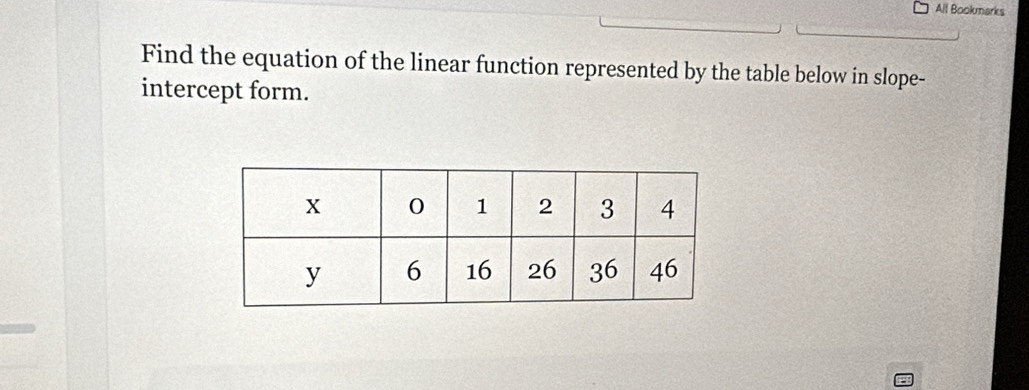 All Bookmarks 
Find the equation of the linear function represented by the table below in slope- 
intercept form.