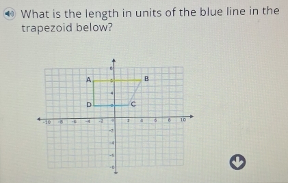 What is the length in units of the blue line in the 
trapezoid below?